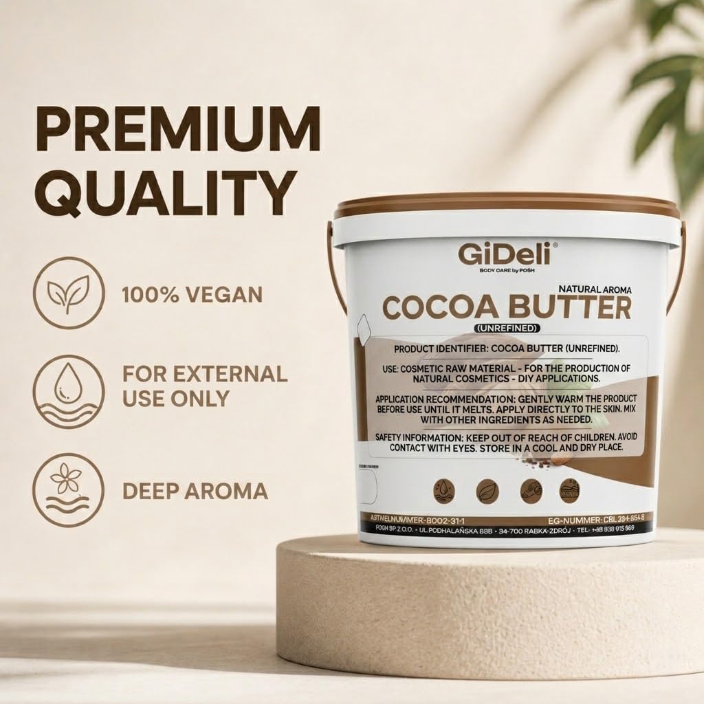 GiDeli Burro di cacao 1 kg in secchio – Grasso di cacao idratante e rigenerante per pelle e capelli