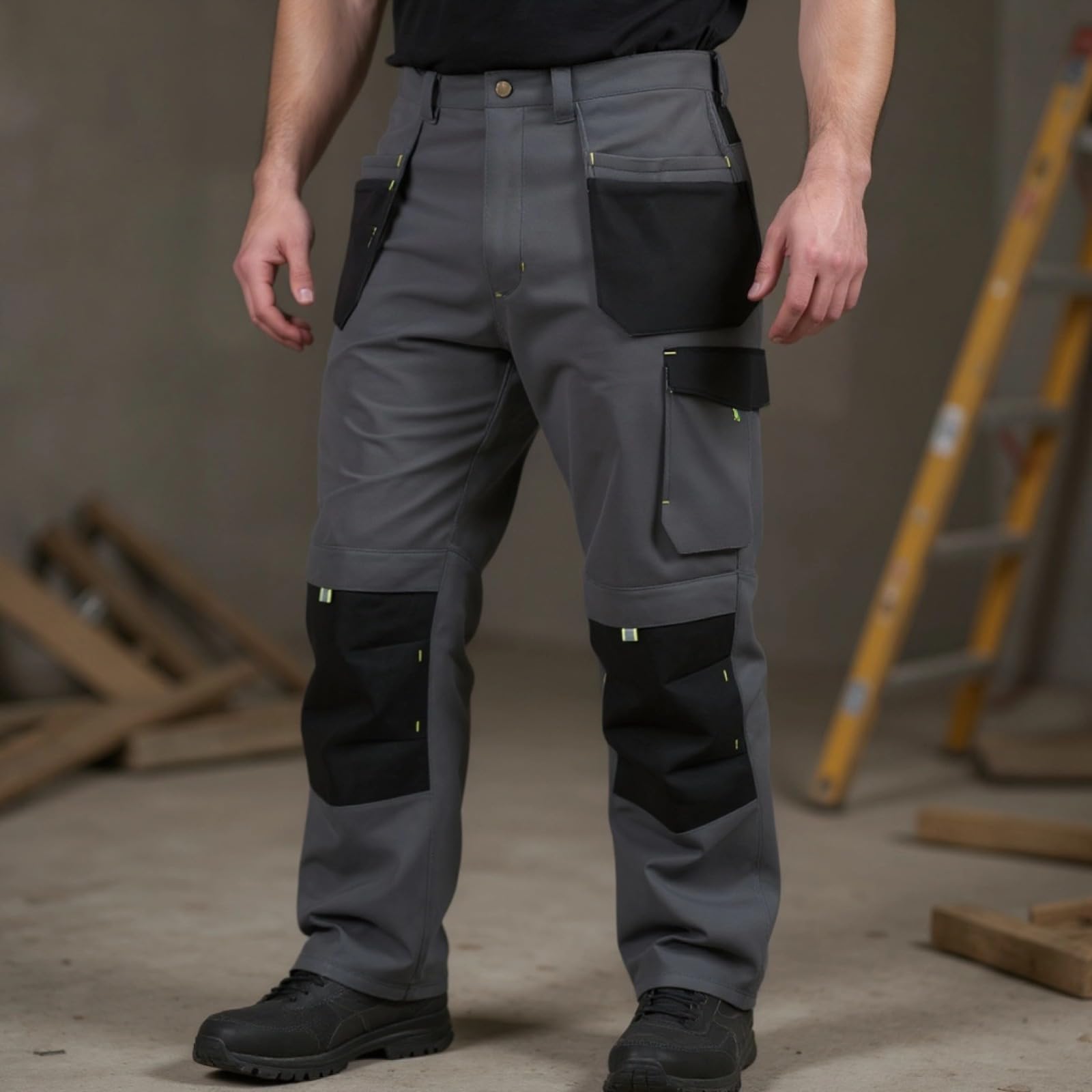 Pantaloni da lavoro cargo da uomo, vita elastica, ginocchia rinforzate, multi tasca, pantaloni da lavoro grigi