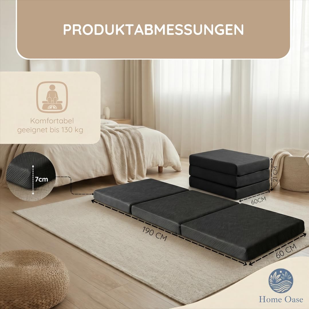 Klappbare Matratze | 190x60x7 cm | Waschbarer Bezug für einfache Reinigung | Klappmatratze mit Viscoschaum - Faltmatratze für Gäste | Auch als Klappmatratze Kinder für Übernachtungen geeignet