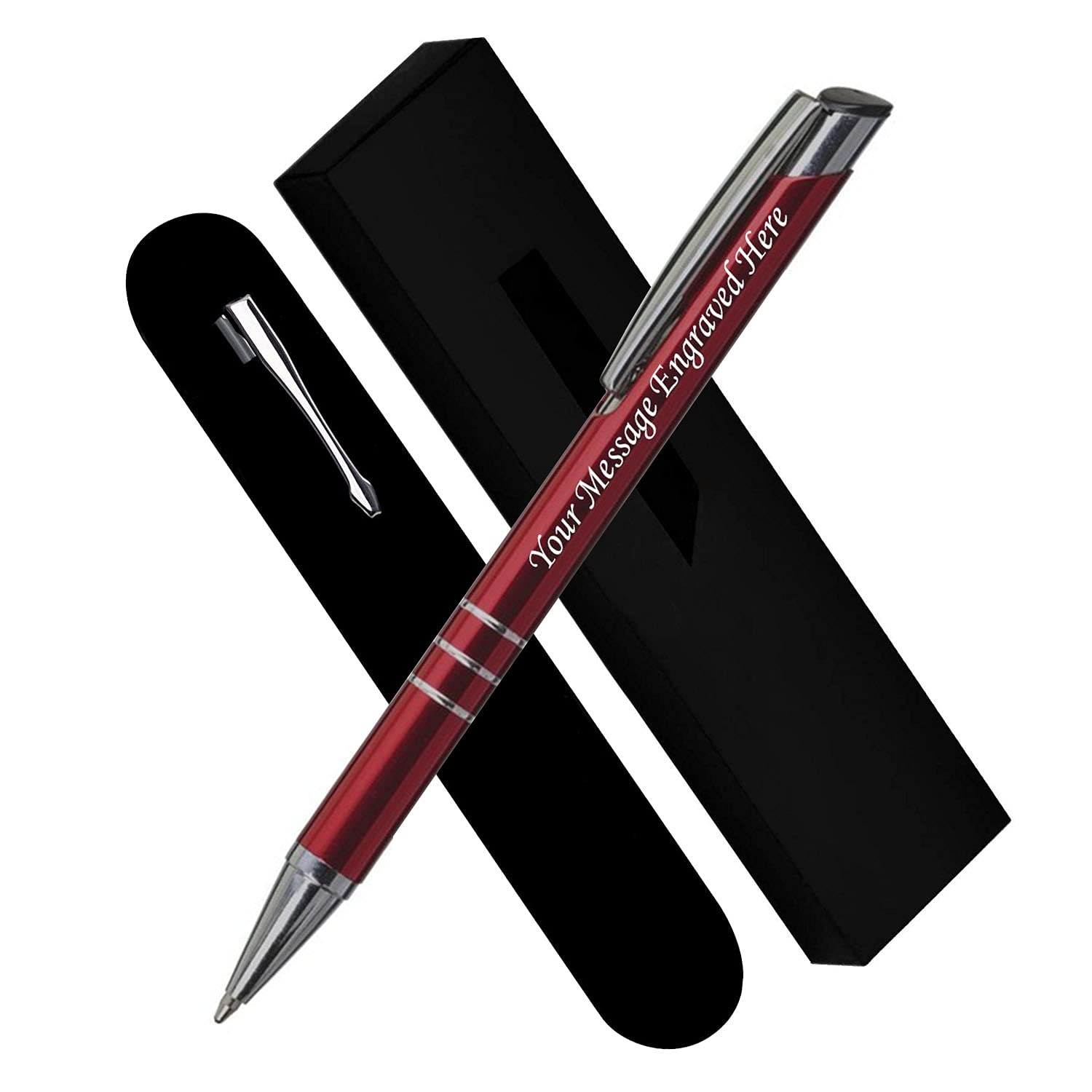 Paul Clover Personalised Engraved Blue Ink Ballpoint Pen with Medium Point - Refillable - Lacquered Aluminium Finish - Velvet Pouch, Gift Box & Black Refill - Great Gift for Men, Women - Red