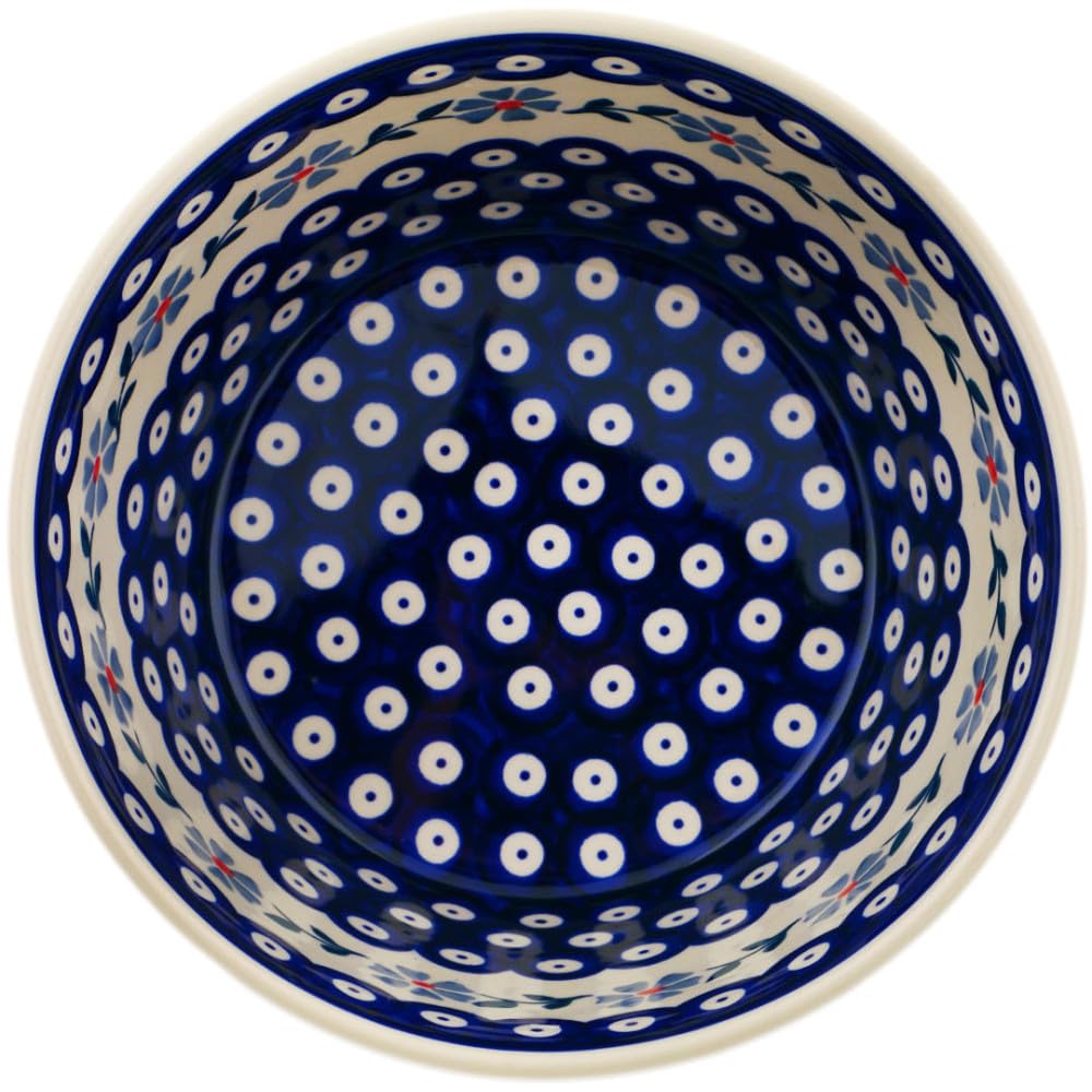 Authentic Polish Pottery Bowl 8-inch in Peacock Forget-Me-Not Design Handmade in Boles?awiec Poland + Certificate of Authenticity