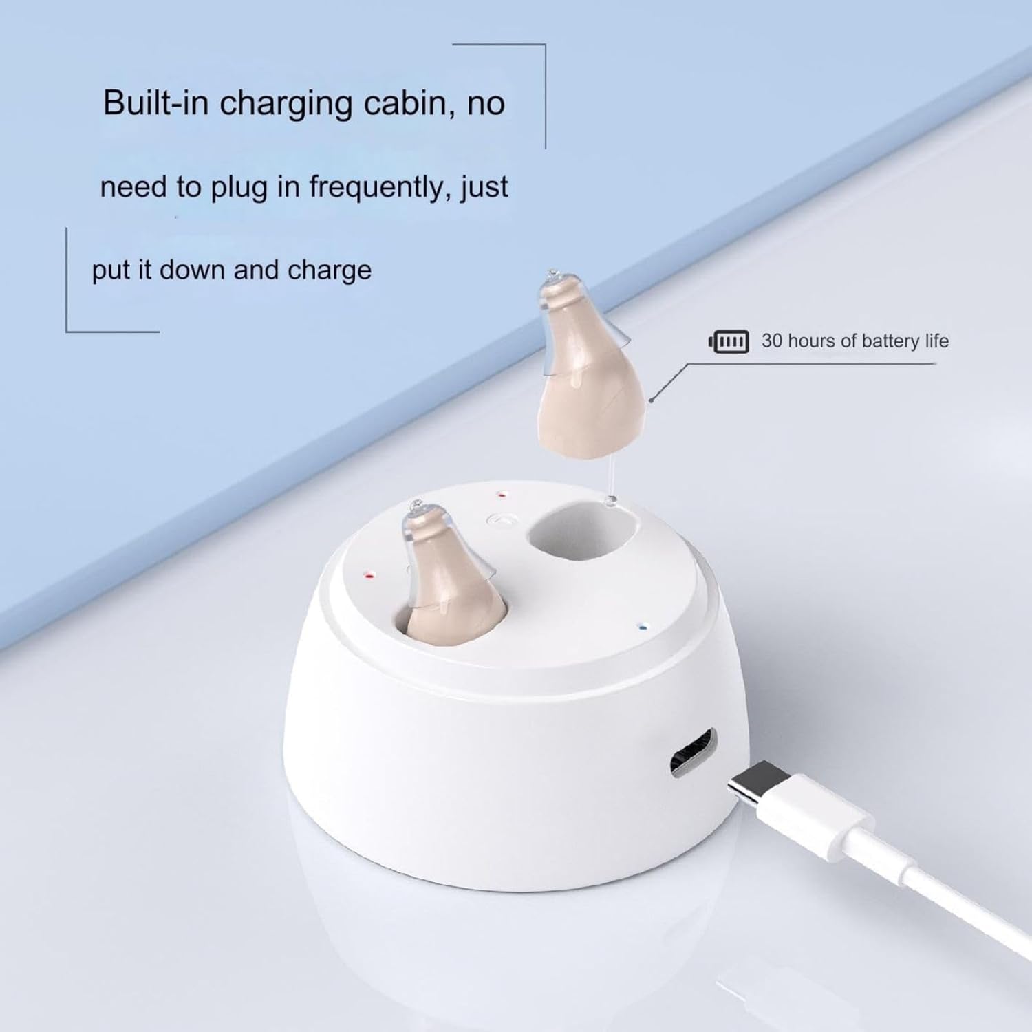 Image of the portable charging case with two hearing aids inserted, showing a USB charging cable connected.