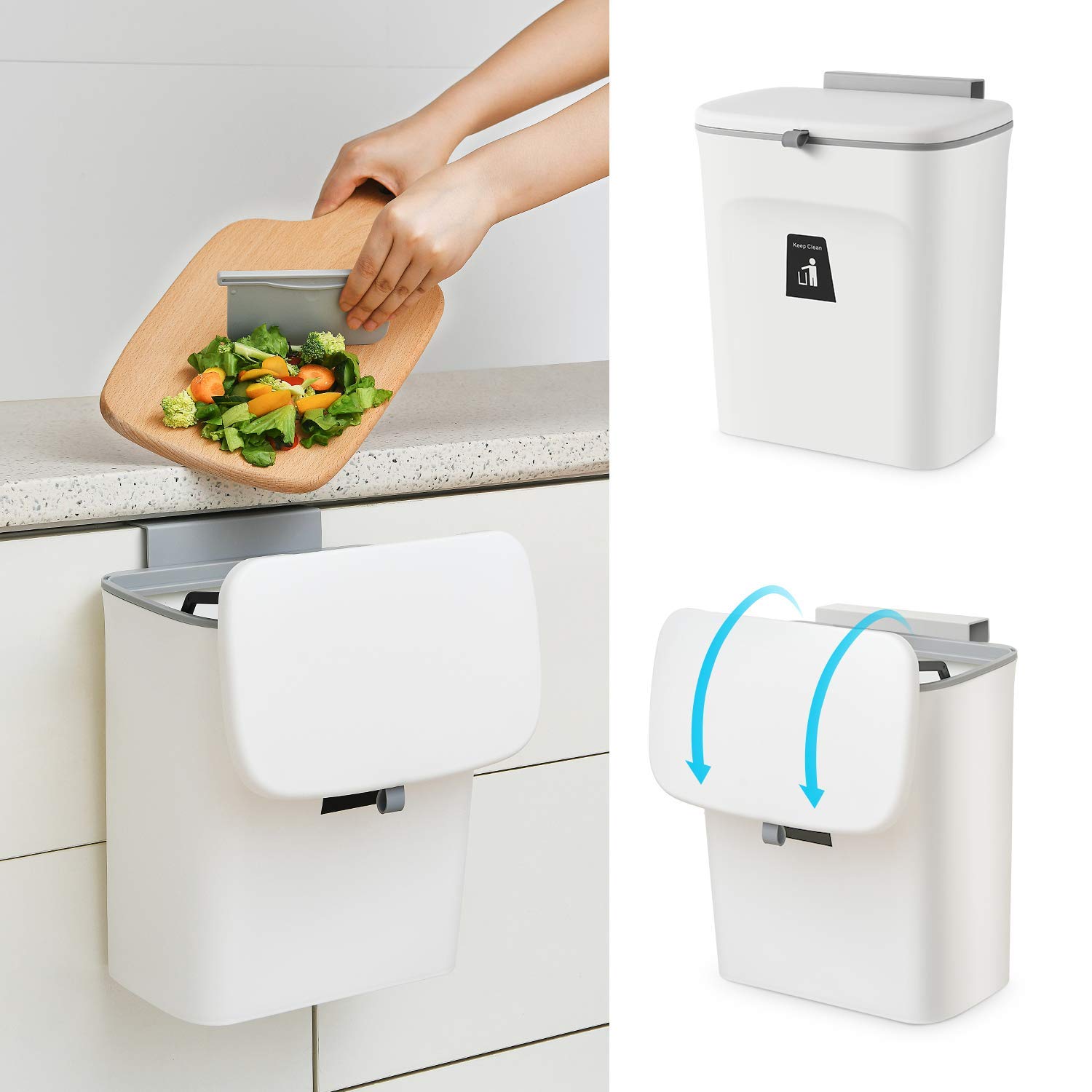 KEYOZA 2.4 Gallon Kitchen Compost Bin for Counter Top or Under Sink, Hanging Small Trash Can with Lid for Cupboard/Bathroom/Bedroom/Office/Camping, Mountable Indoor Compost Bucket, White