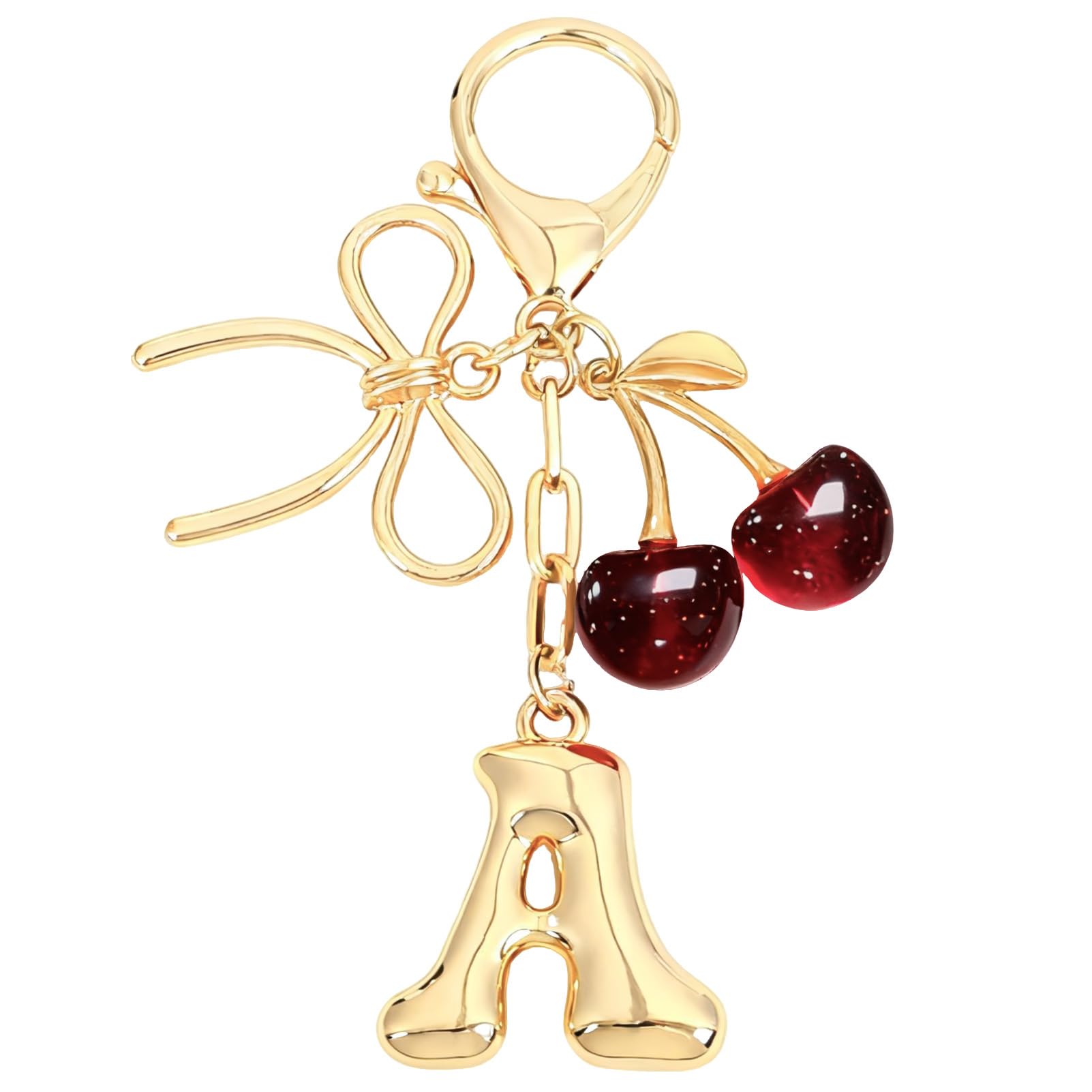Snylcce Gold Initial Letter A Keychain with Bow & Deep Red Cherry Cute Bag Charm for Women Purse Accessories