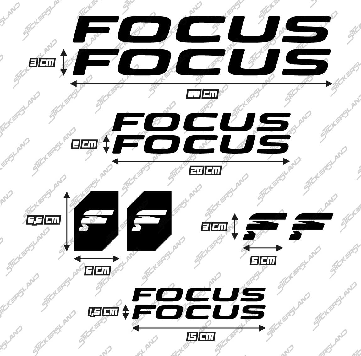 Kit adesivi compatibile con telaio MTB Mountainbike e casco | decals sticker Decalcomanie bici scritte loghi | Stickersland® - Focu (Nero Lucido)