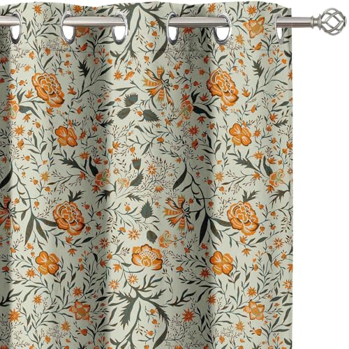 Vargottam Room Darkening Curtains - Orange Floral Pattern, Set of 2 Panels, 52" x 63" - Grommet-Top Blackout Window/Door Drapes for Bedroom, Nursery & Living Room - Orange