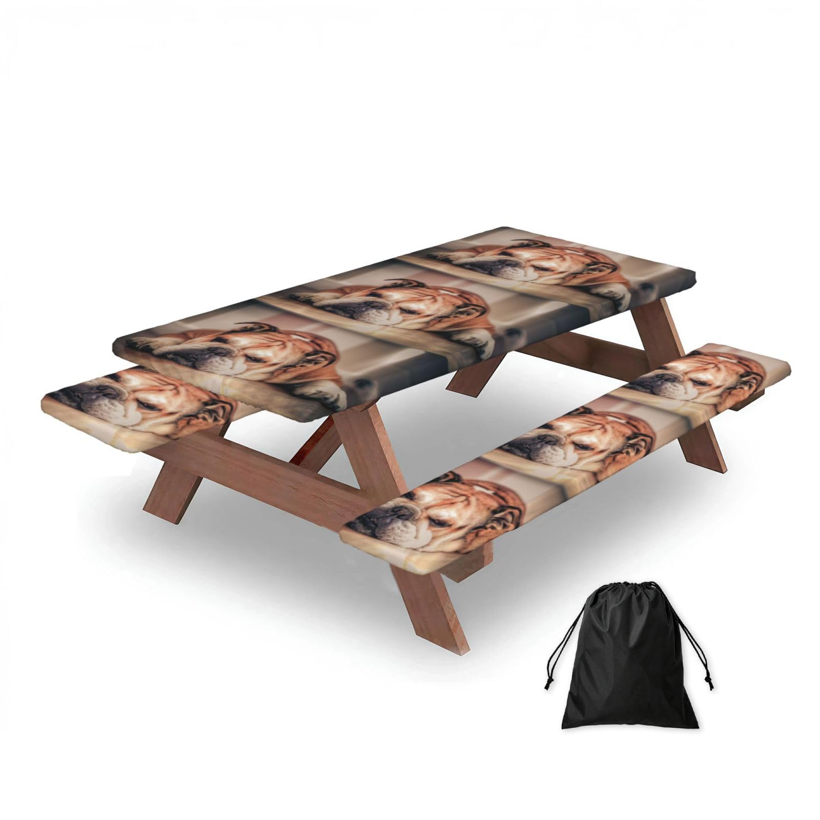 Dopklna As Picture English Bulldog, Picnic Table Cover With Bench Covers -Waterproof Elastic Fitted Tablecloth For Garden Camping Patio 76X152cm