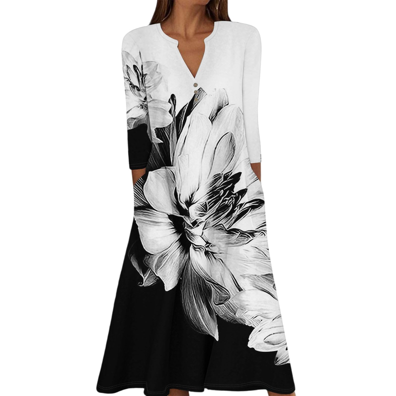 Womens Dresses 3 4 Sleeve V Neck Pleated Button Down Dress Casual Midi Vacation Dresses with Pockets