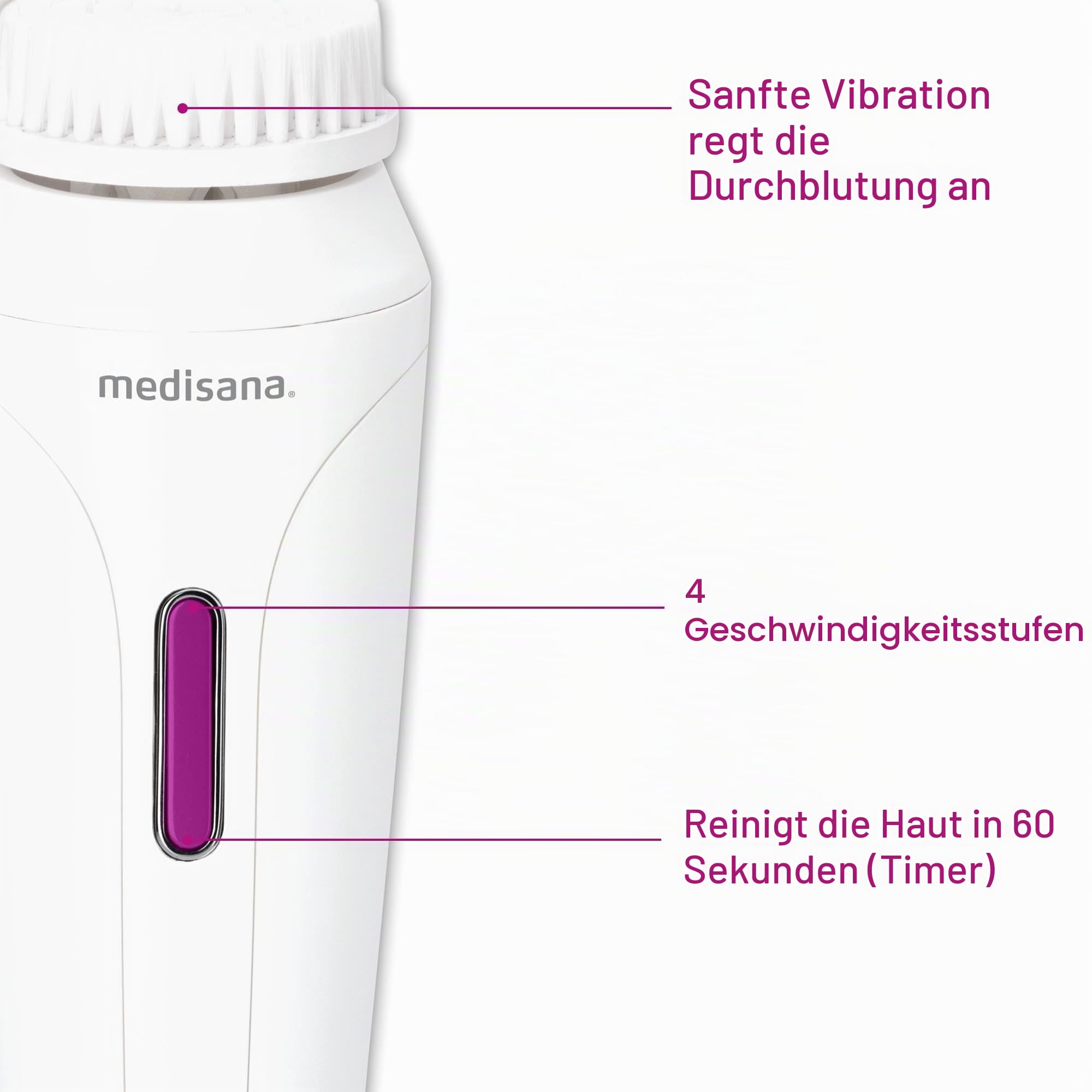 medisana FB 885 elektrische Gesichtsreinigungsbürste inkl. 4 Aufsätze | für sanfte und porentiefe Hautreinigung, mit praktischem Hautzonen-Timer, für jeden Hauttyp, Abschaltautomatik, Weiß