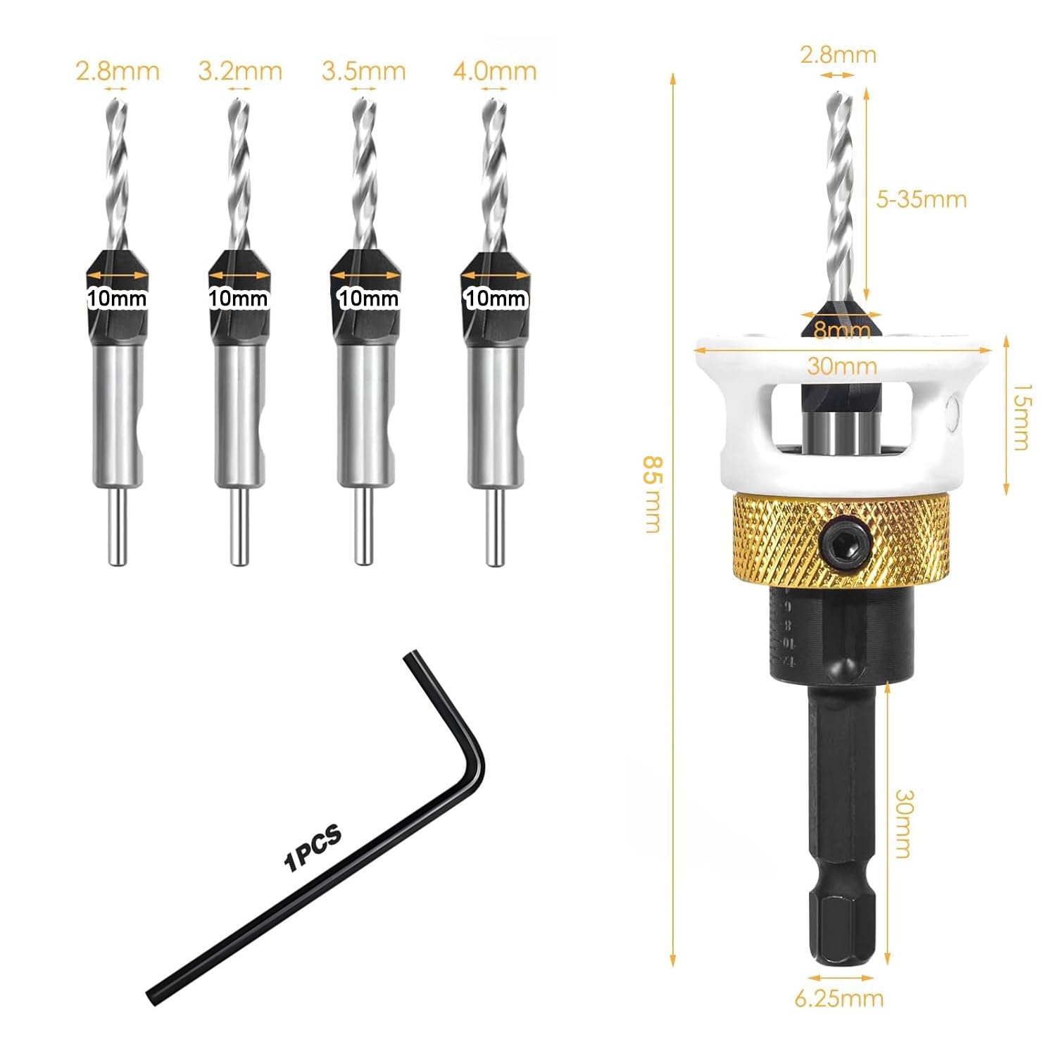 4-Piece Countersink Drill Bit Set, Countersink with Depth Stop, Countersink Wood Drill Bit with 1/4 Inch Hex Shank - Image 2