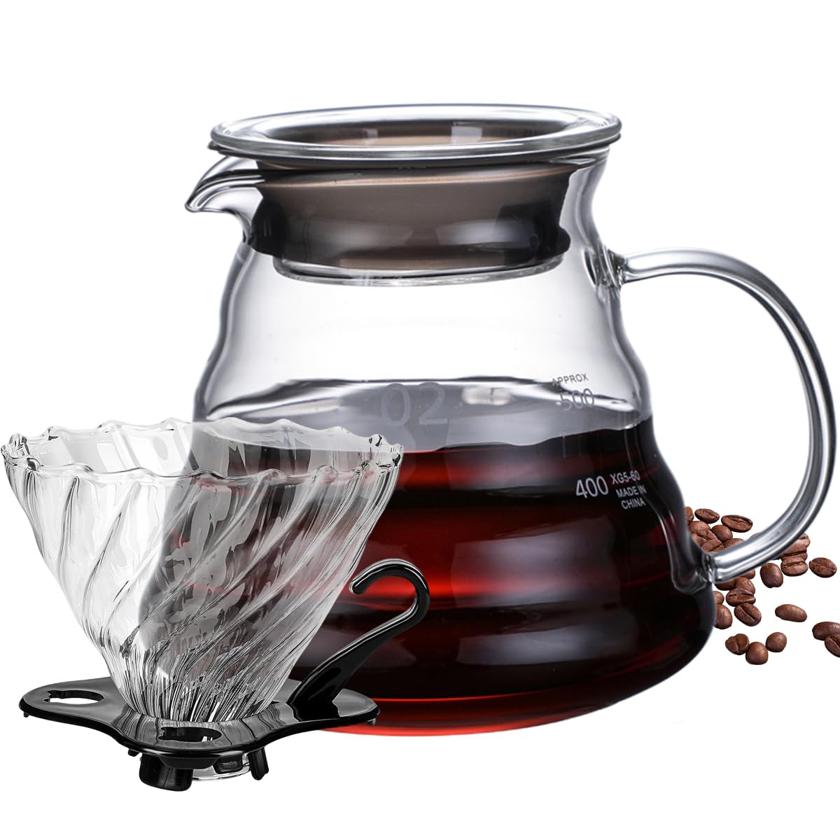 Hand Brewed Glass Coffee Pot with Cover, 800ml / 600ml /360ml Glass Pour Over Coffee Maker, Standard Glass Coffee Carafe with Glass Coffee Dripper for Home, Office (600ml)