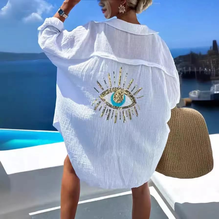 XPONNI Long Sleeve Linen Button Down Shirt Women Oversized Sequin Evil Eye Shirts Dress Beach Cover Ups Summer 20243