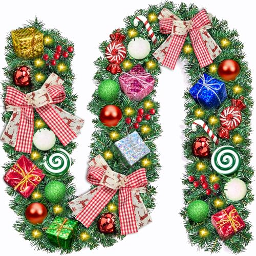 ZZXLOPEZ Guirnalda de Navidad, 2.7M Corona de Navidad Artificial, Illuminated Christmas Garland con 50 LED y Colgante de Piruleta, Guirnalda Verde Navidad Artificial para Decoración del Navidad