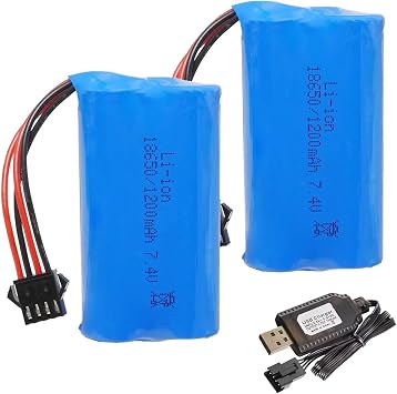 2Pcs 7.4V 1200mAh Li-ion Battery Pack RC Replacement Rechargeable 18650 Battery Pack SM-4P Plug with Charger Cable for RC Drone,Remote Control Car