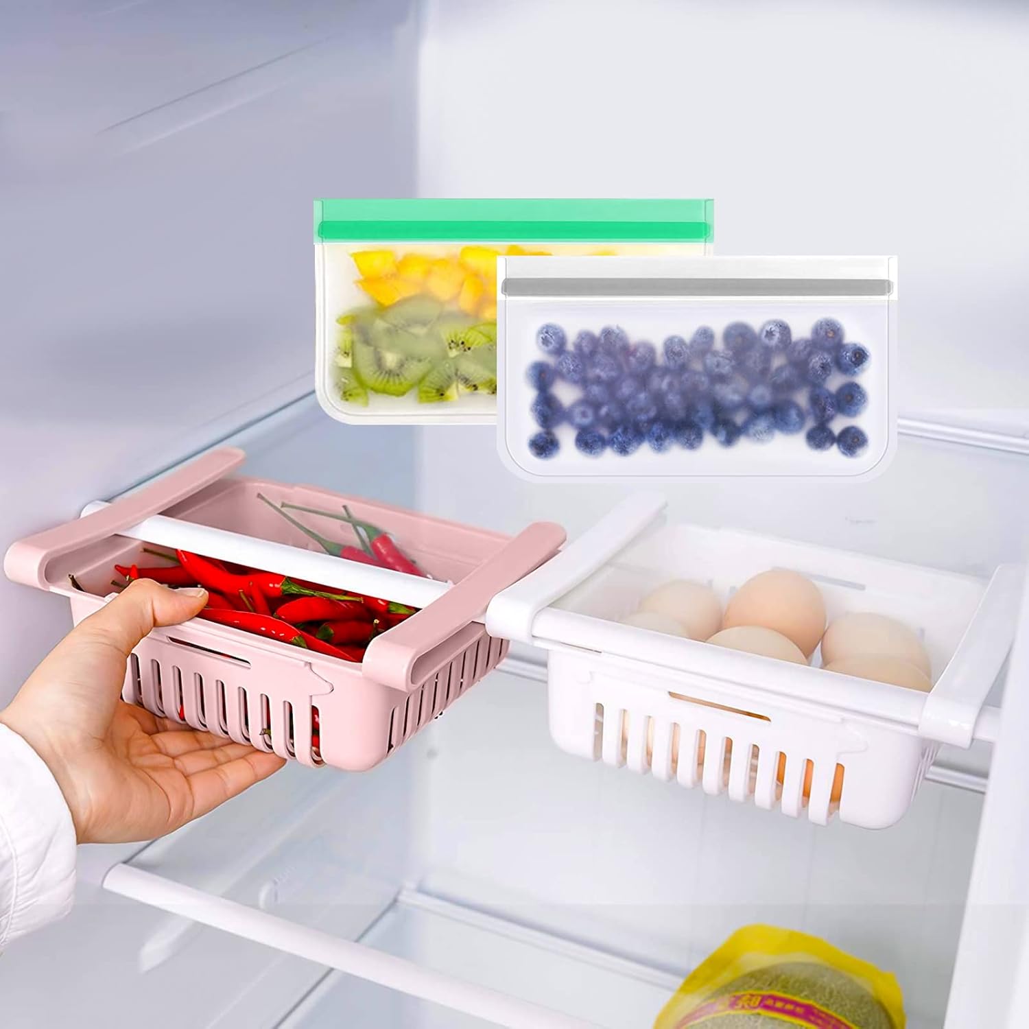 2PCS Fridge Retractable Drawers Storage Organisers, Space Saving Basket