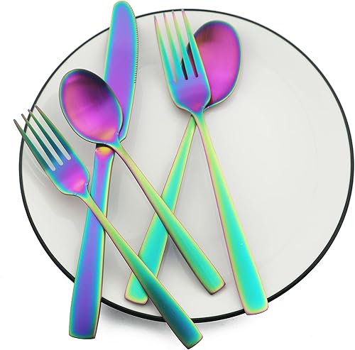 Miniatura 2 de JASHII Juego de cubiertos con bandeja, juego de cubiertos cuadrados de acero inoxidable de 20 piezas para 4, acabado mate, utensilios de comida para