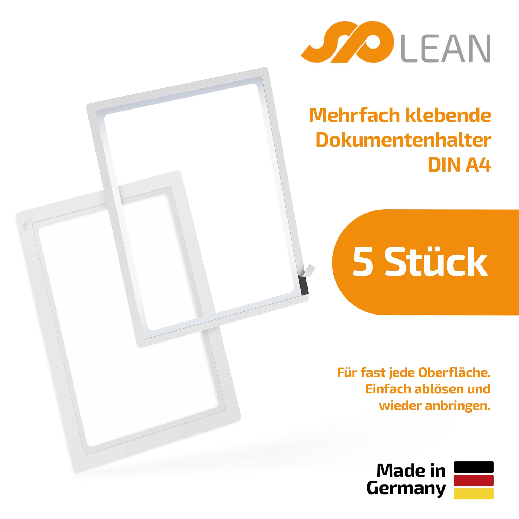 spLEAN 5 Stück Dokumentenhalter klebend mehrfach ablösbar DIN A4, Rahmen, weiß, Aushang aus stabiler Vinyl-Hartfolie Stärke 0,70 mm, Made in Germany
