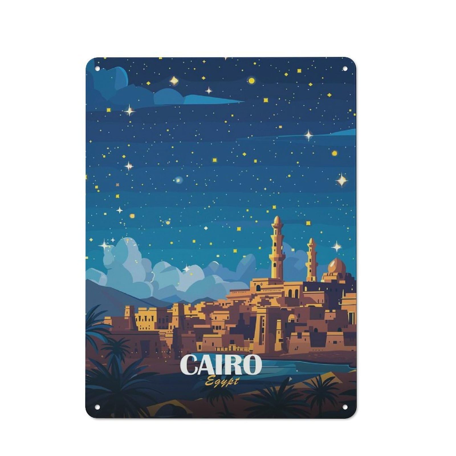 Rustic Tin Sign 40x30cm Featuring Cairo, Egypt at Night for Living Room Wall, for Room Styling Across Living Rooms And Feature Walls