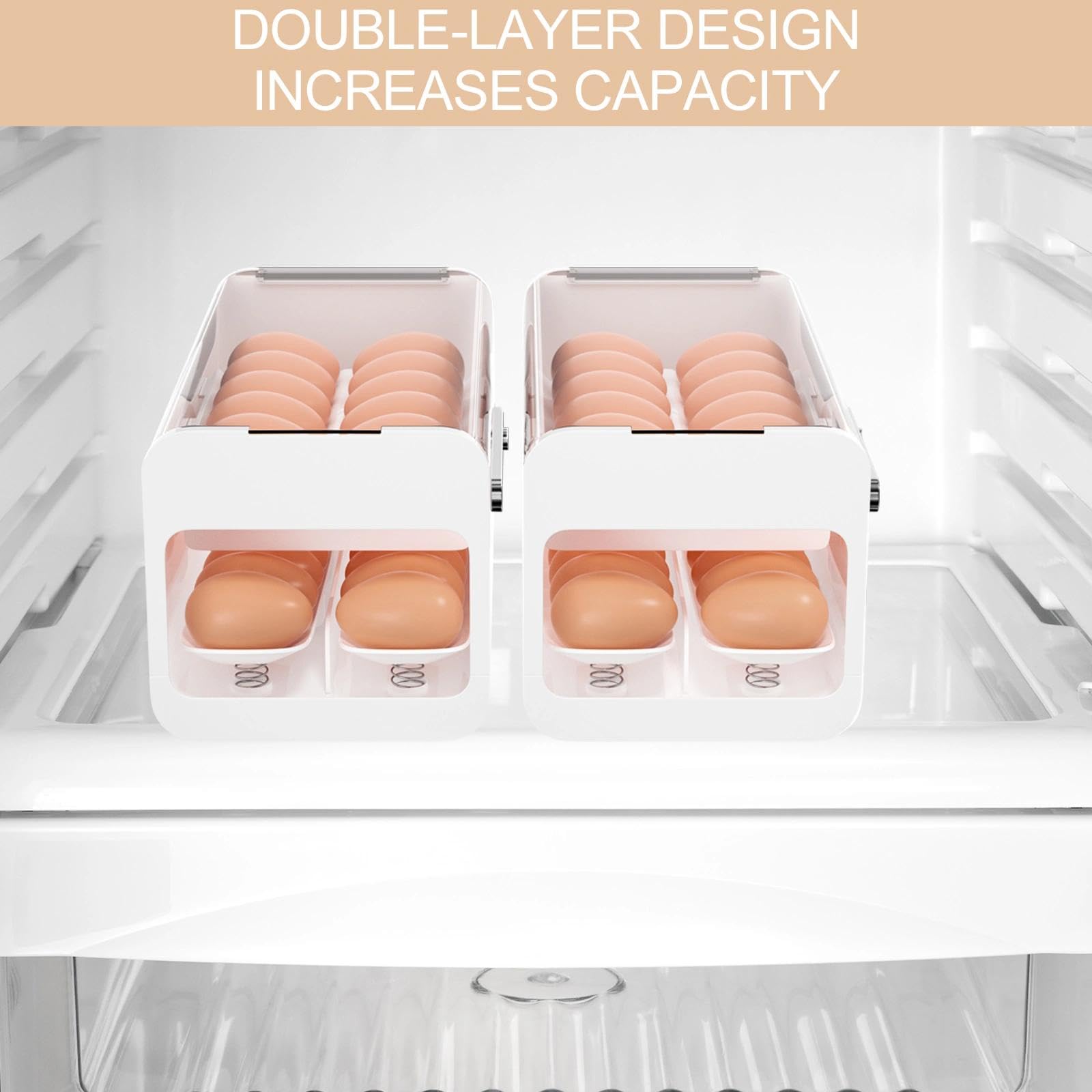 2 Niveaux Rangement Oeuf, Distributeur Oeuf Peu Encombrant, Boite a Oeufs en Plastique à Roulement Automatique, Distributeur Automatique d'Œufs(Capacité 28 Œufs, Blanc)