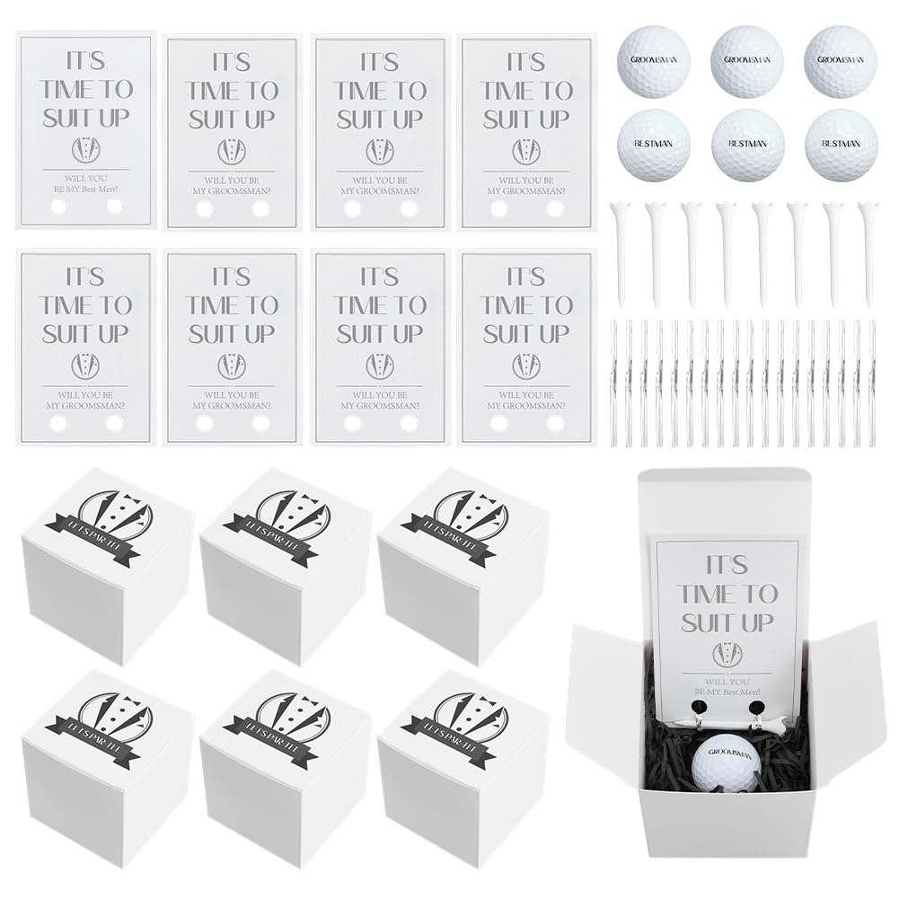 NBEADS 8 Sets Golf Groomsman Proposal Gift Boxes, Including Golf Balls Tees Invitation Card Gift Boxes Raffia Stuffing PET Wire Twist Ties Wedding Gifts for Wedding Groomsmen Best Men DIY Set