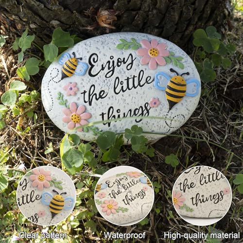 Bechivie Stepping Stones Outdoor, Bumble Bee Flower Garden Rocks Decorative, Summer Honey Bee Concrete Small Stake Down Step Stones for Walkway Yard Lawn Decor, Gifts for Gardening Love