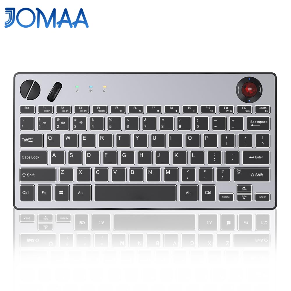 JOMAA Clavier trackball sans fil rétroéclairé à trois modes, 78 touches, 800-1600 CPI réglable, ergonomique, rechargeable, silencieux Bluetooth 5.4/2.4G/filaire
