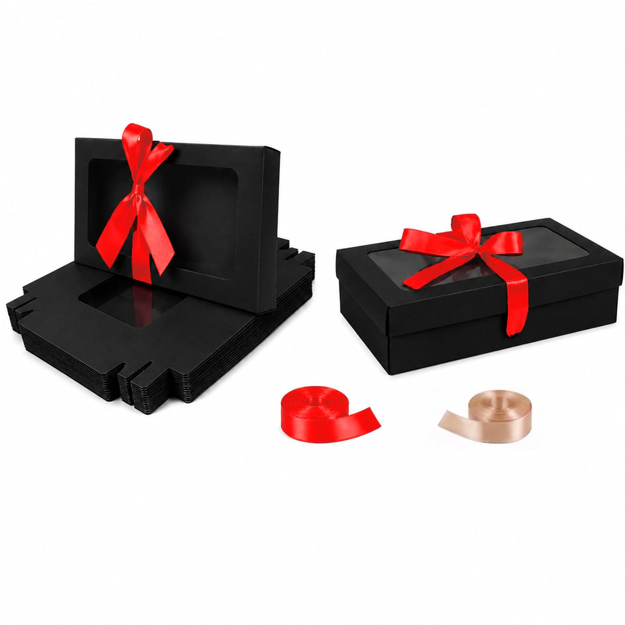 Emartbuy Pack of 12 Black Gift Boxes with Clear Window Lid & Red Satin Ribbon - Medium-Large 27 x 16 x 6 cm - Recyclable Kraft Presentation Box for Hampers, Treats, Weddings & Favours