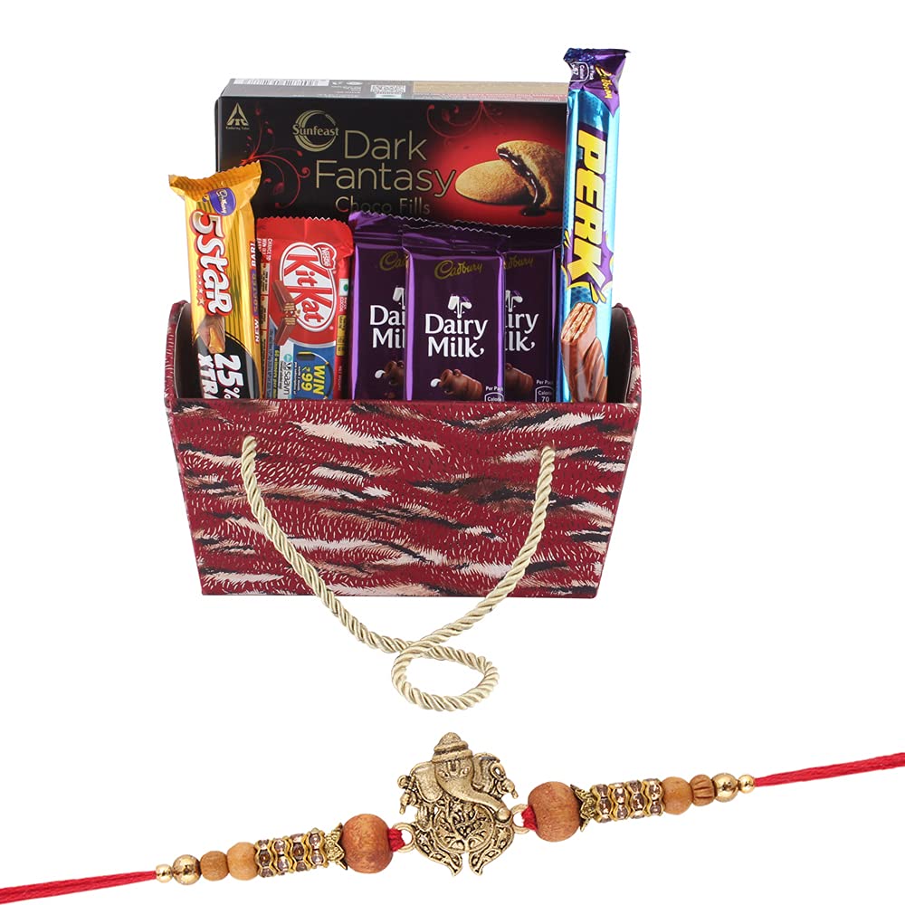 Astonished Retail Premium Basket with Chocolates | Premium Rakhi Chocolate for Brother | Designer Ganeshji Rakhi with Chocolates | Roli, Chawal, Chandan, Misri | 786