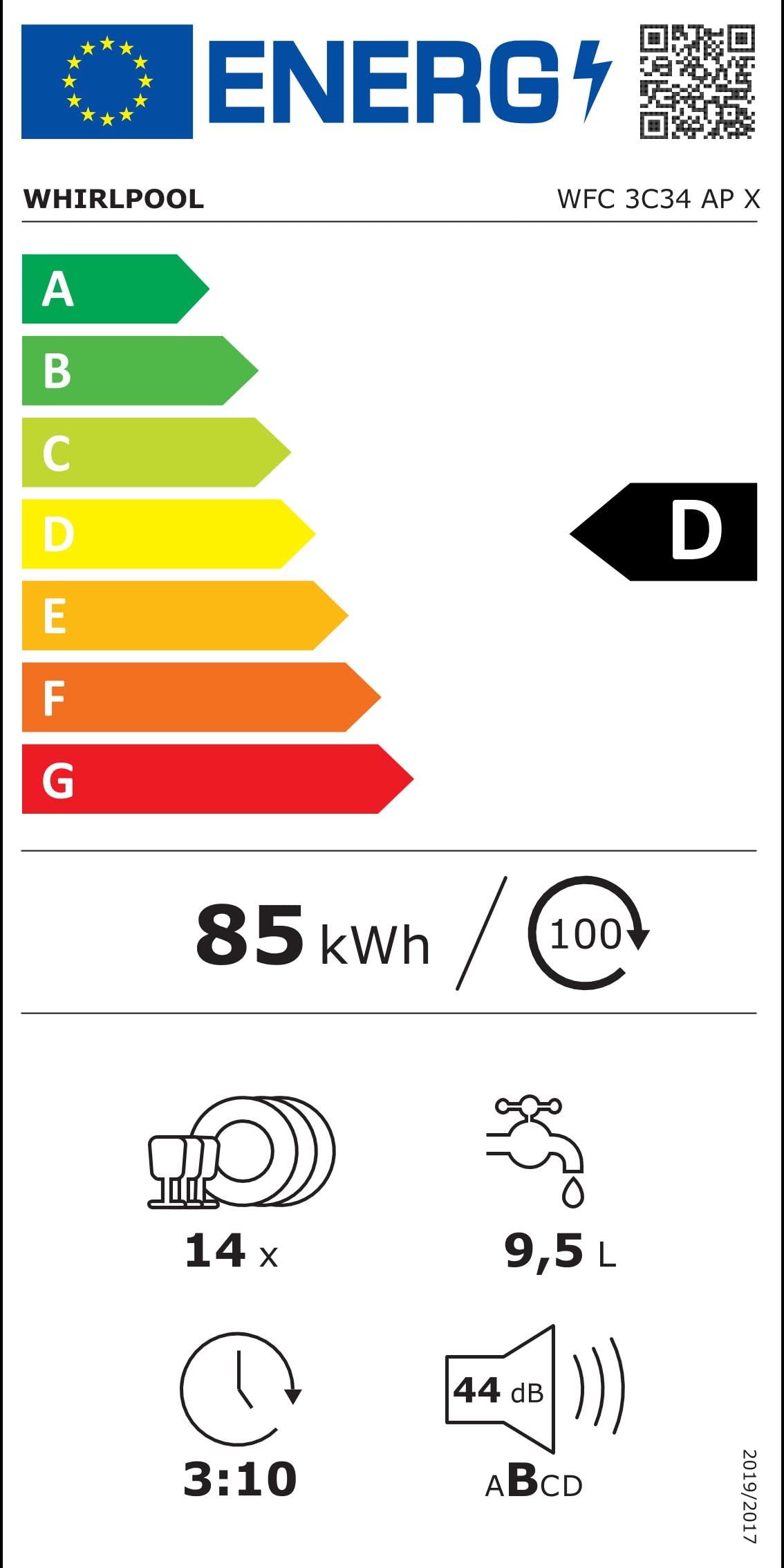 Whirlpool WFC 3C34 AP X, Lave-vaisselle 60cm Libre installation, 14 places, D