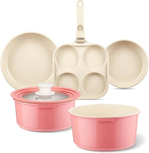 Juego de ollas y sartenes de cerámica antiadherentes, 7 piezas de utensilios de cocina antiadherentes con mango desmontable, juego de utensilios de