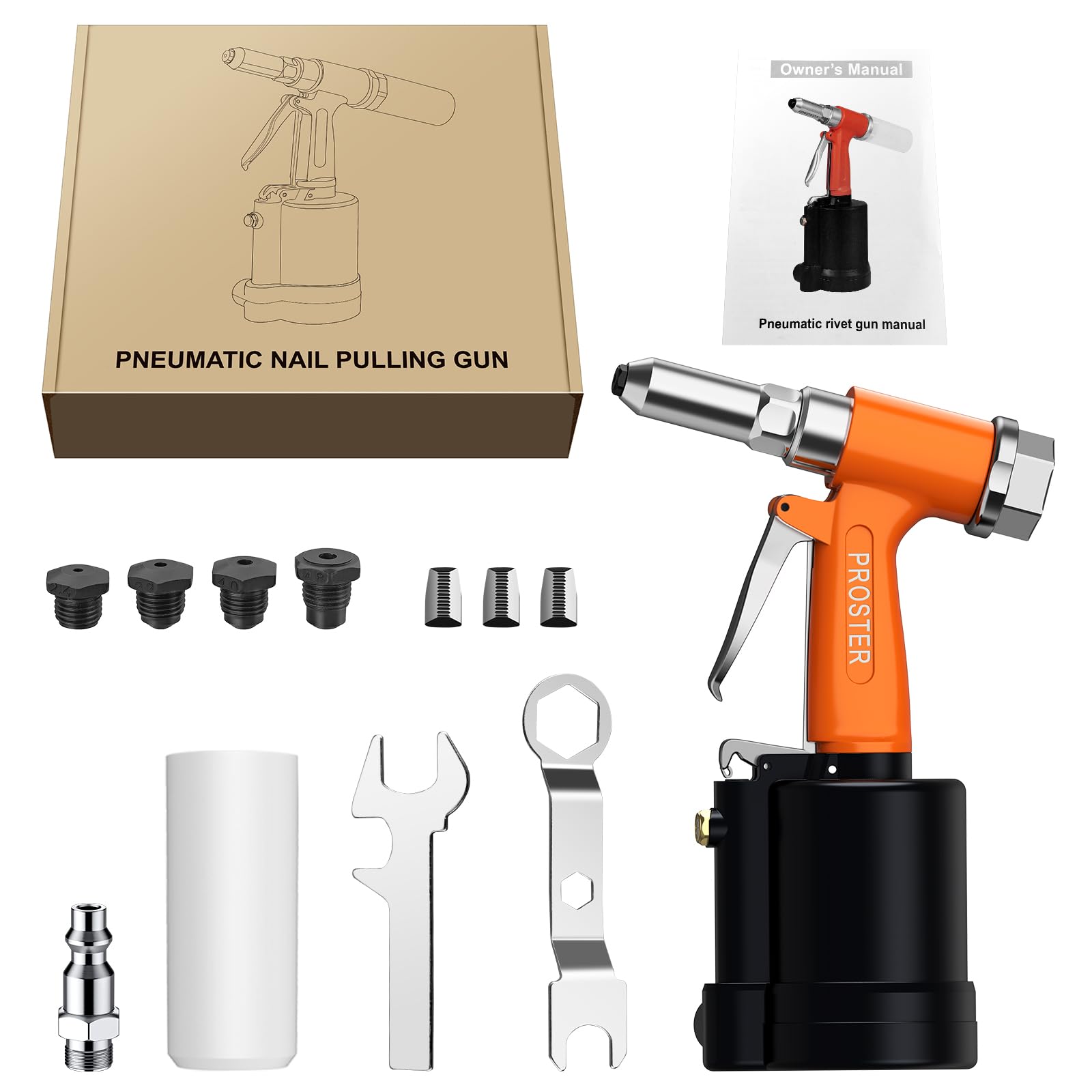 Proster Riveteuse Pneumatique Hydraulique 1408KGF Professionnelle avec 4 Embouts (2.4/3.2/4.0/4.8mm) – Pistolet à Riveter à Air Compatible Aluminium et Acier pour Carrosserie/Atelier/Construction