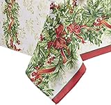 Newbridge Holly Ribbon Traditions Fabric Christmas Holiday Tablecloth, 60 x 120 inch Oblong