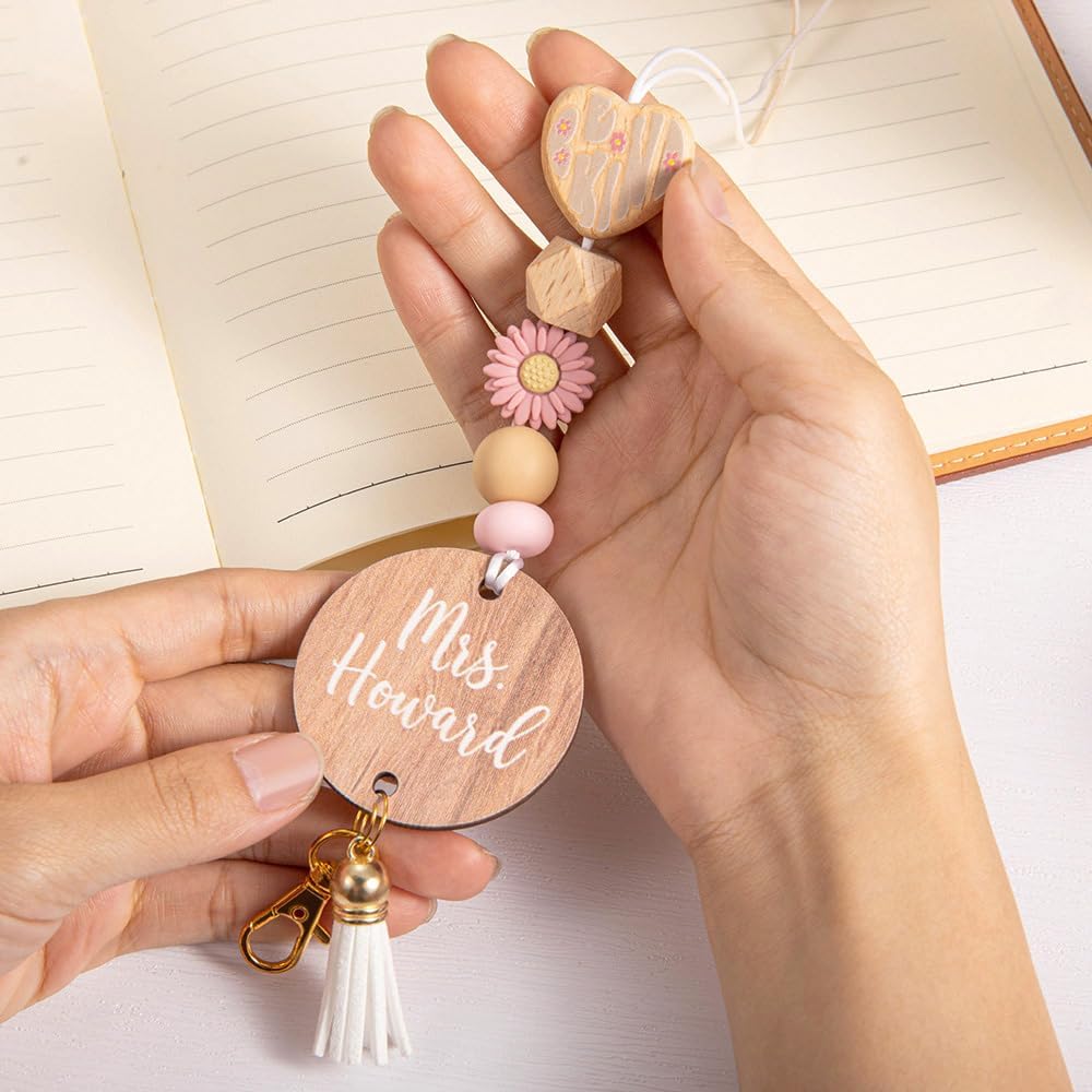 NICEDREAM Personalized Name Boho Teacher Lanyard Badge Holder Teacher Appreciation Gift Wood Bead Lanyard for Keys Nurse Gift Custom Lanyard