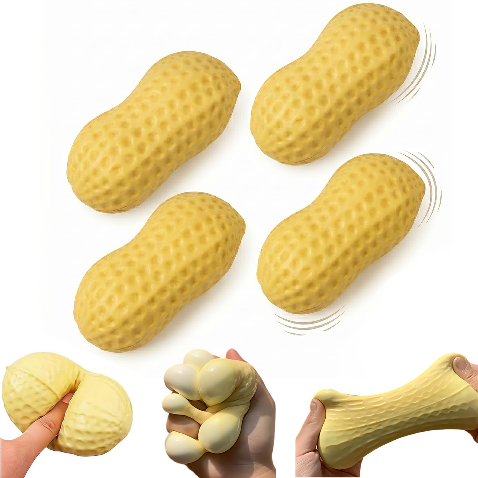 Crunchy Peanut Squishy Toy for Adults, Tear-Resistant TPR Squeeze Dough Ball Calming Hand Toys, Slow Rising Fidget Sensory Peanut Stress Ball with Satisfying Tactile Feedback, 4.3" (4Pcs)