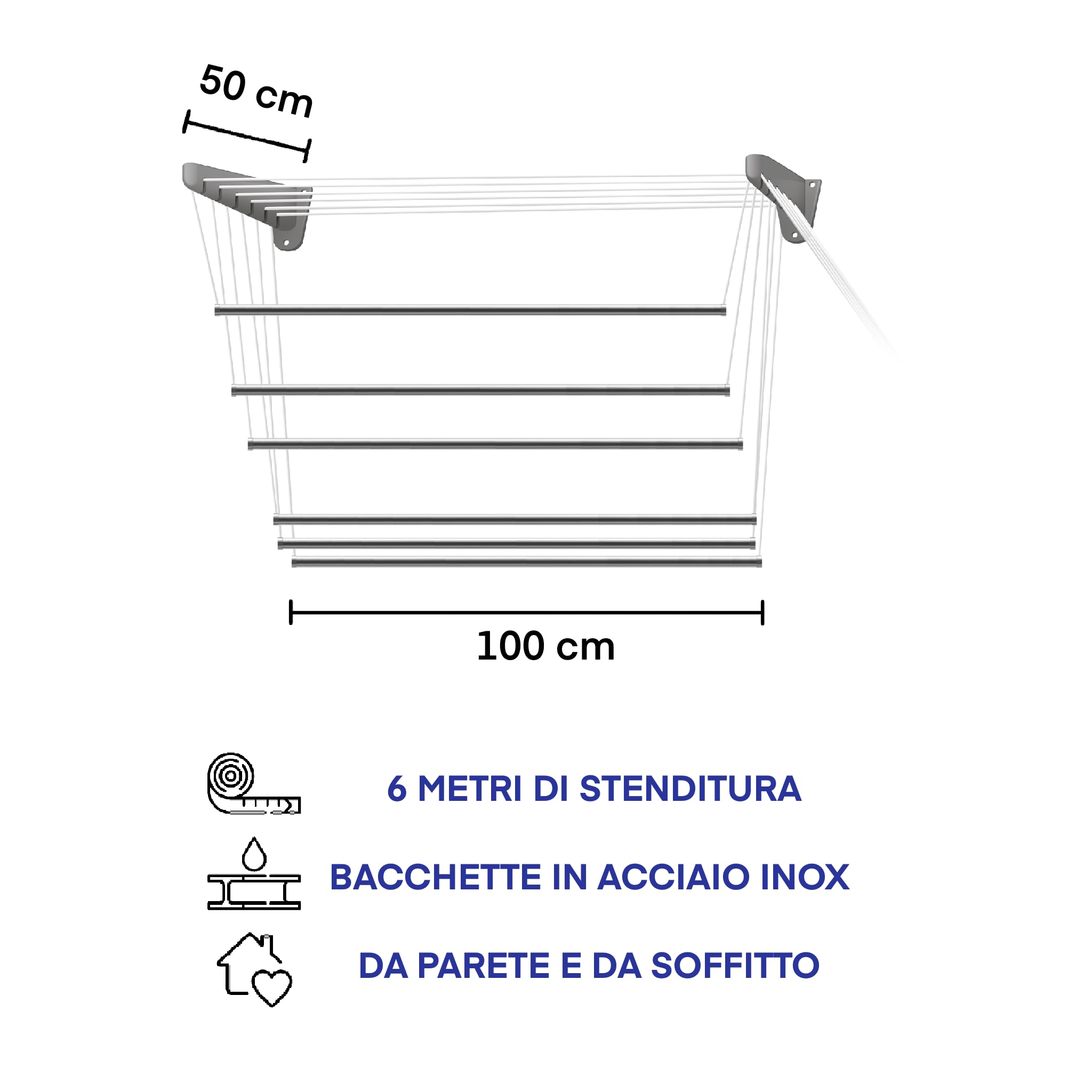 Jumbo Stendibiancheria Stendino 100cm da Parete e Soffito, Saliscendi, Bacchette in Acciaio Inox, 6 metri di Stenditura, mod. Steed Inox