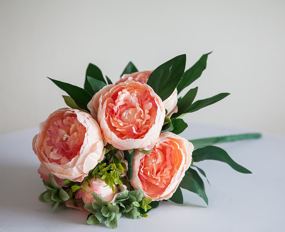 Decor Essentials Peach Artificial Silk Peony Flower Bouquet (No.3) -7 Colours Wedding Centrepiece Decor (Peach)