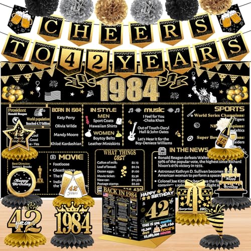 42nd Birthday Decorations for Women Men 18PCS Black Gold Back in 1984 Banner Decorations Bday Backdrop 42 Year Old Banner for Her Him Birthday Card 6 Paper Poms 9 Honeycomb Balls