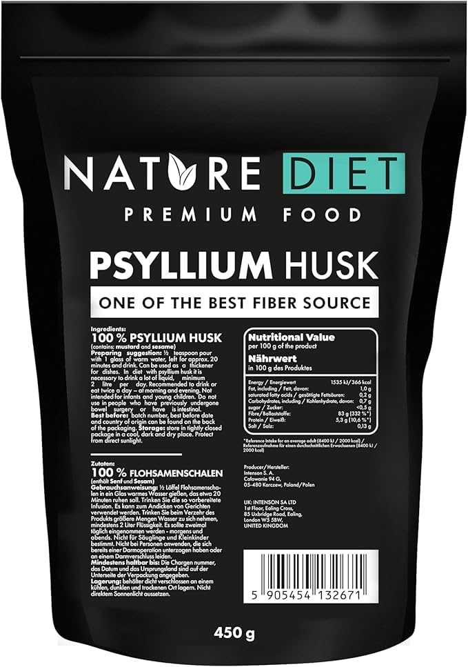 Nature Diet Flohsamenschalen | 450 g | Ballaststoffreich | Vegan, Glutenfrei & Laktosefrei | Keto- & Low-Carb-Backen | Ideal für Getränke & Rezepte