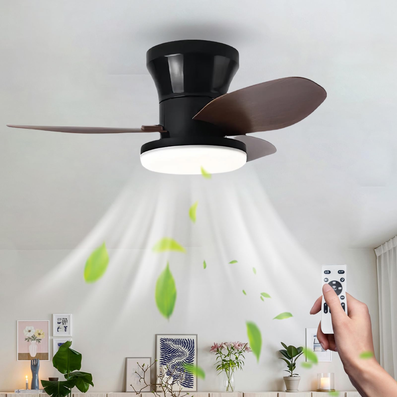 HXYSXHJUO Ceiling Fans with Lights Kids Room, Silent Lamps Low Profile 3 Blades Fan Light Ceiling, Dimmable, for Dining Room Living Bedroom, Dimmable-Black-Wood Grain-65CM