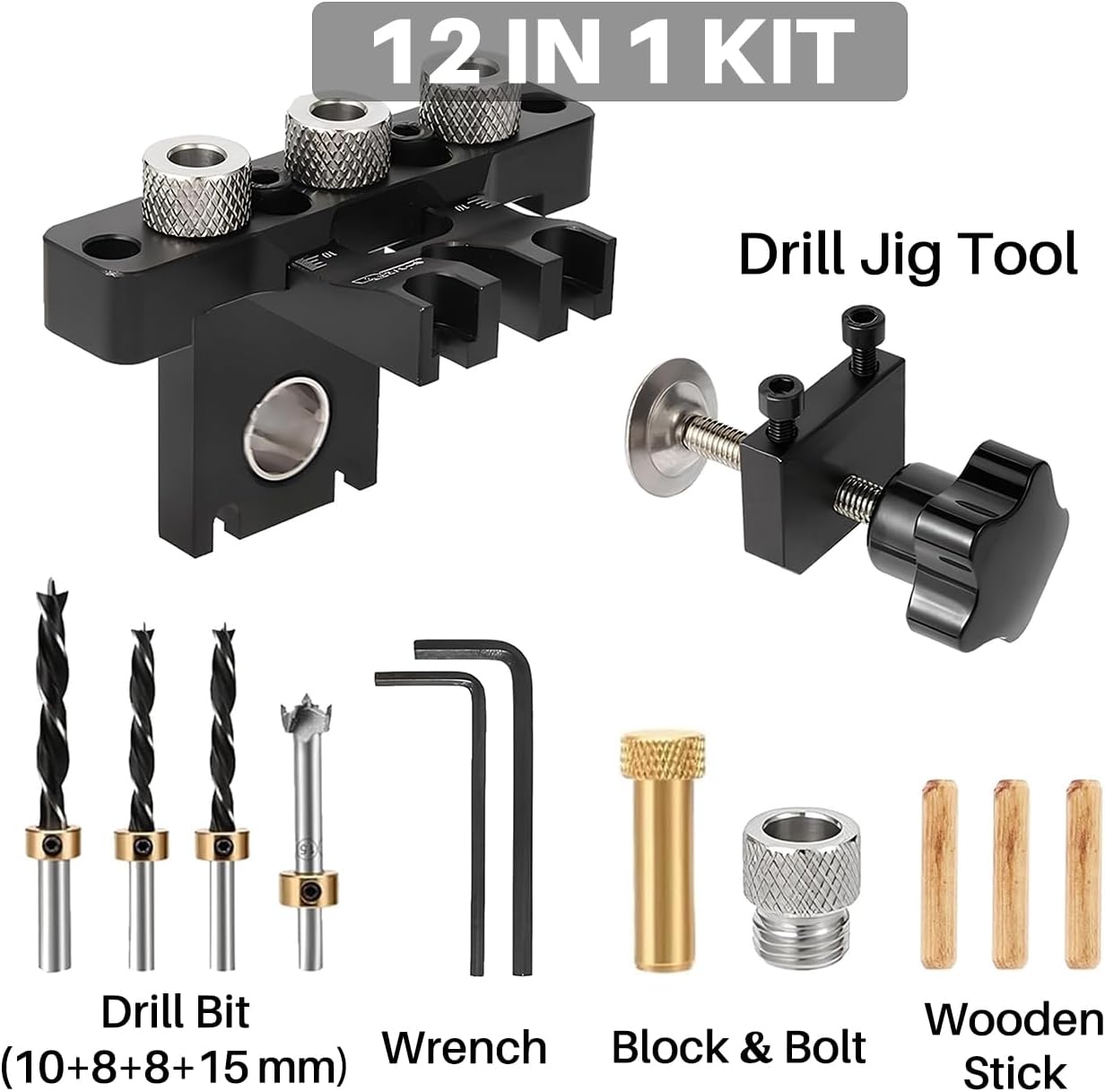 8/10/15mm Dowel Jig Kit for Woodworking, JRISBO 3-in-1 Adjustable Doweling Jig with Scales and Clamp, Wood Dowels Guide Fit All Kinds Wood Dowel Joints, for Furniture, Cabinet