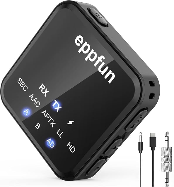 eppfun AK3046C Bluetooth 5.2 Transmitter and Receiver, Qualcomm aptX-Adaptive HD Low Latency Audio Adapter with 3.5 mm AUX for TV/PC and Home Stereo System, TX Mode Pair with 2 Devices (Black)