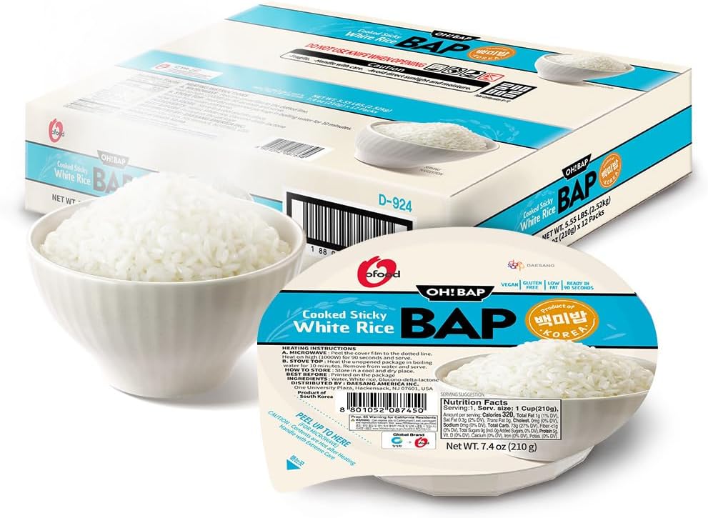 Premium Instant Rice | Sticky Sushi Rice | 0 Trans Fat/ 0 Cholesterol/ 0 Sodium | Ready in 90 Secs | Gluten-Free | Healthy Sticky White Rice Bowls (Bap) – [WHITE Rice |12 Pack] | Long Shelf Life - O'Food