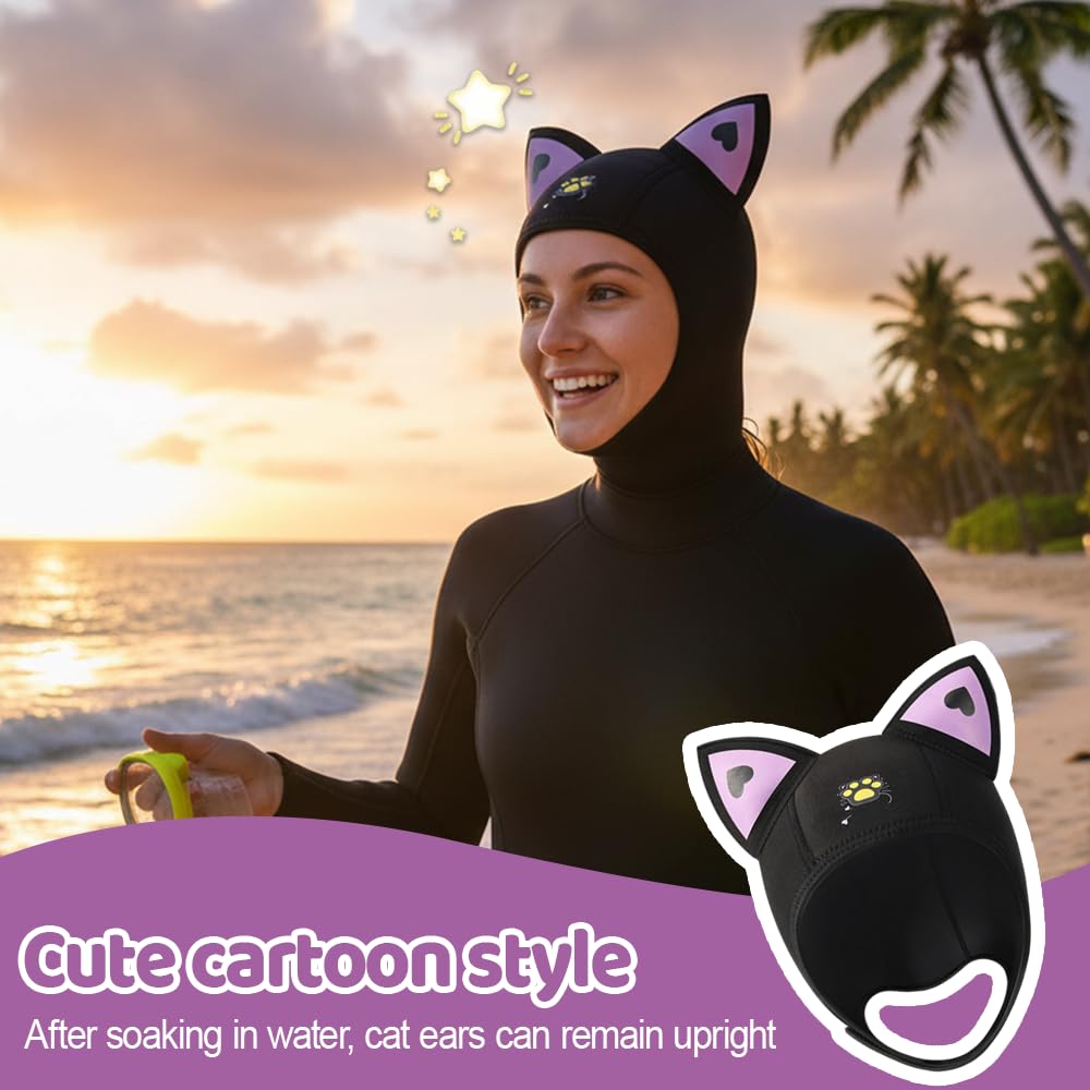 MiOYOOW Tauchkappe, wasserdichte Badekappe für Damen mit Klettverschluss und Katzenohren, Neopren Taucherkappe für Sommer und Winter zum Tauchen, Surfen und Rafting.