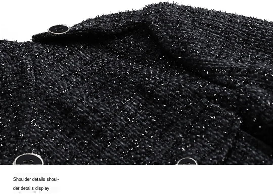 Women Black Tweed Coat Long Autumn/Winter Jacket Business Ladies One-Piece Bright Wire Braided Tweed Jacket - Image 5