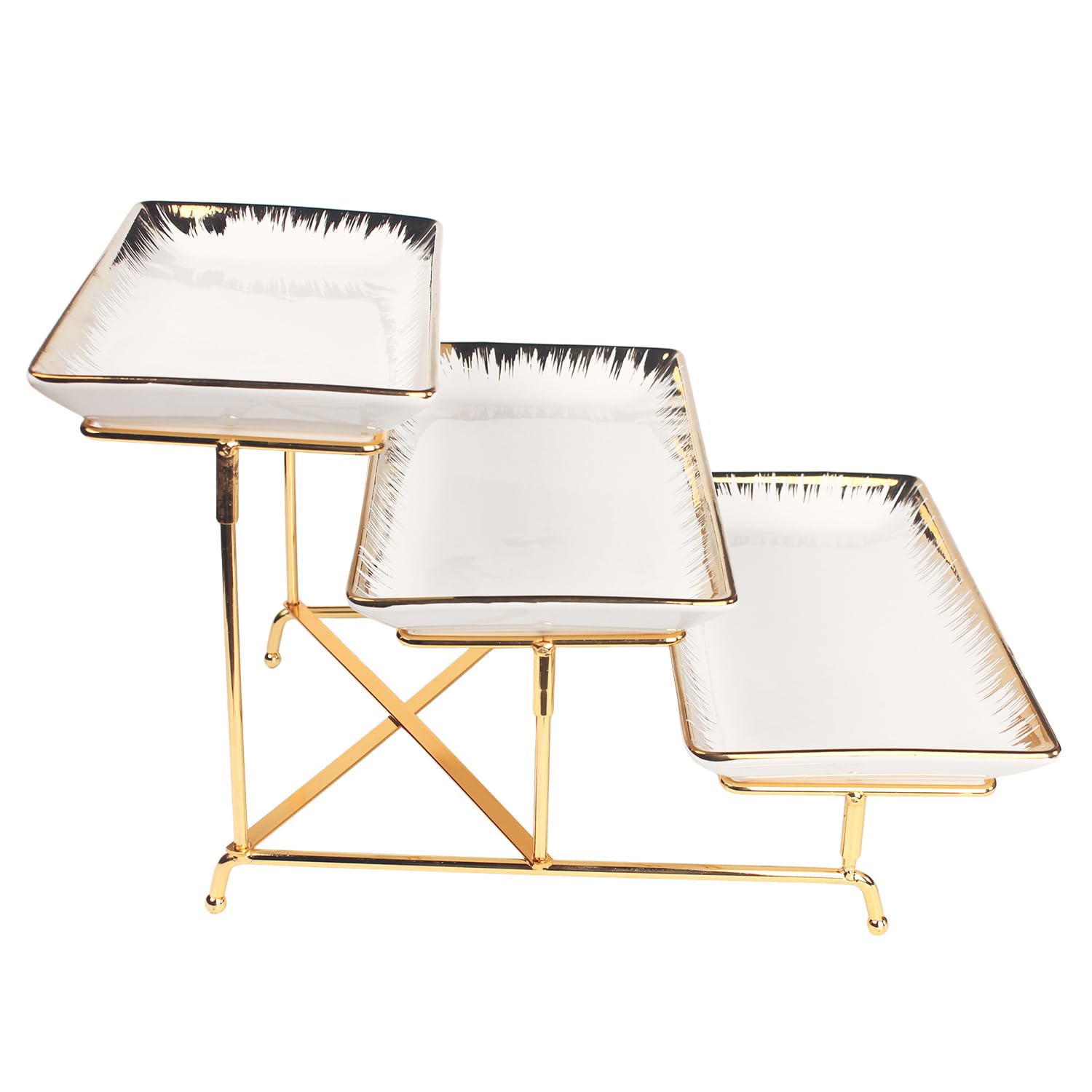 LIUYWYHCF 3-Tier Serving Rack with Ceramic Serving Tray, Foldable Gold Stand with 3 Pieces 11.4 Inch Gold Rim Large Plates for Food Display, Fruit, Dessert Server Display and Entertaining