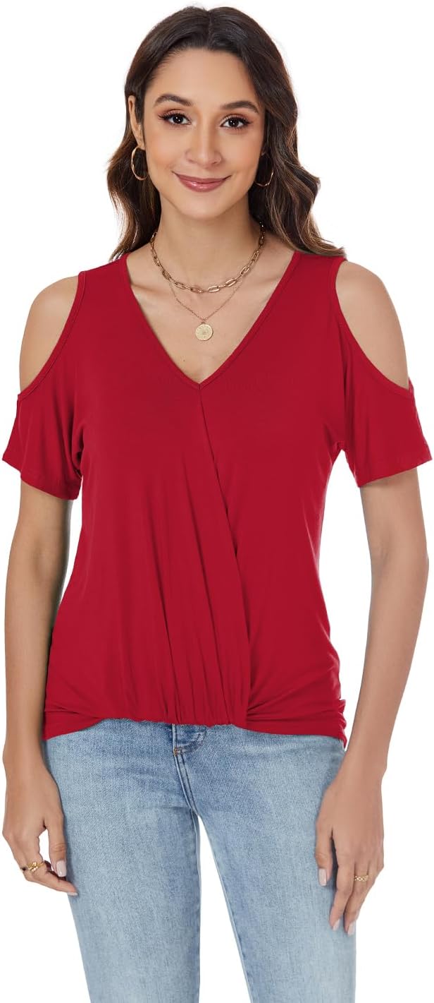 LEIYEE Womens Summer Cold Shoulder Tops Sexy Casual Short Sleeve V Neck Cute Front Knot Ruched Shirred T Shirt Blouse - Image 2