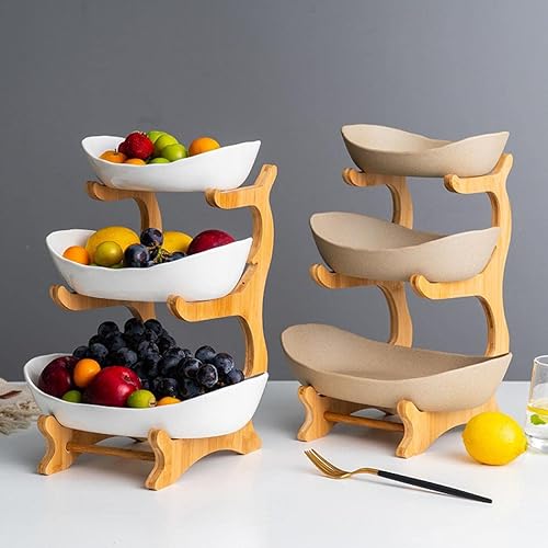Miniatura 2 de Cesta de frutas de 3 niveles, soporte de cerámica de gran capacidad, cesta de frutas de bambú, bandeja para servir frutas, aperitivos, nueces, pan,