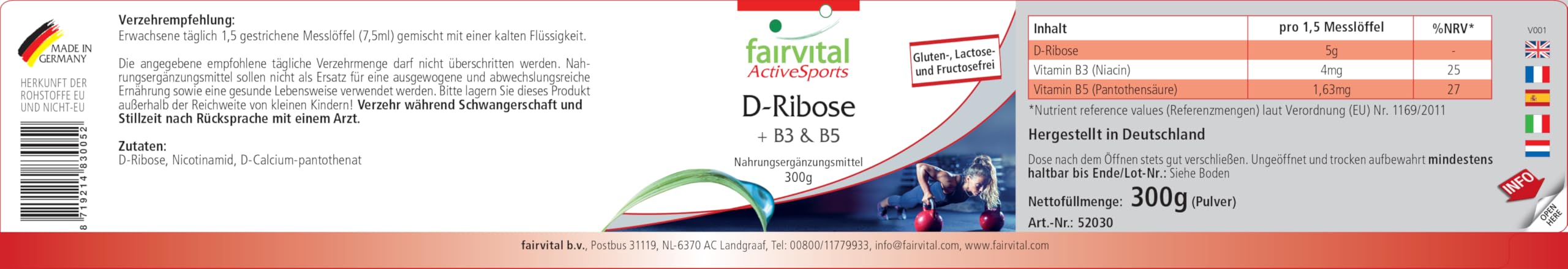 fairvital D-ribose en poudre, avec vitamine B3 (niacine) et B5 (acide pantothénique), Active Sports, VÉGÉTALIEN, 300 g
