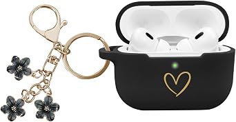 Compatible with AirPods Pro 2 Case Cover 2022, Soft Silicone Case with Gold Heart Pattern for AirPods Pro 2nd/1st Generation Case with Cute Cherry Blossoms Keychain for Girls Women Black