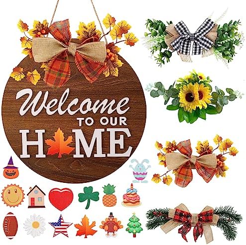 Interchangeable Welcome Sign for Front Door with 4 Seasonal Wreaths and 14 Changeable Icons, Farmhouse Front Door Signs, Door Decoration Porch Decor, Seasonal Rustic Wooden Home Sign home décor (6wood)